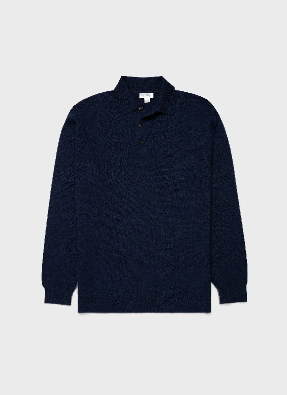 Men's jacquard woven polo shirts with intricate designsMen's Cashmere Polo Shirt in Navy Melange