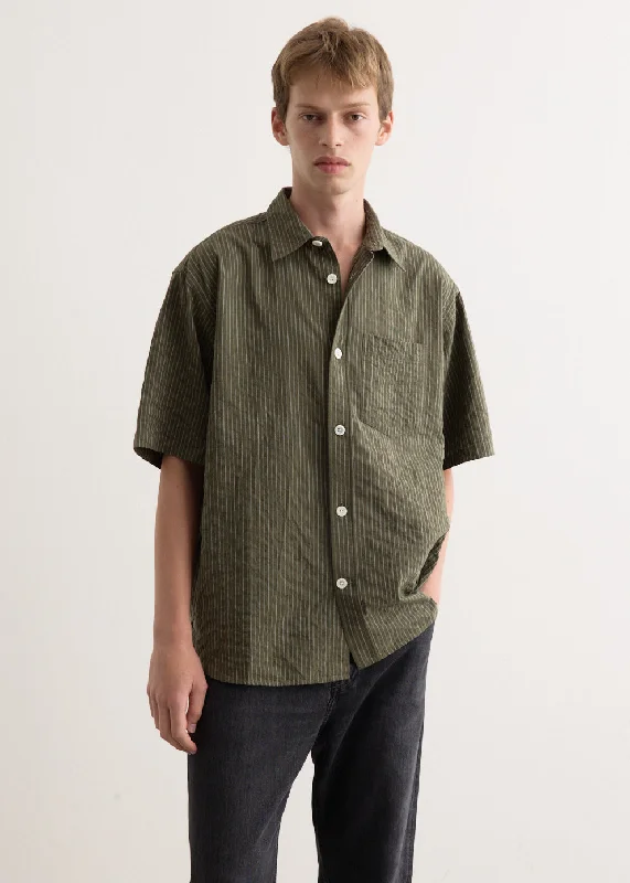 Men's two - tone stripe polo shirts with a preppy styleMo Oversized Stripe Short Sleeve Shirt