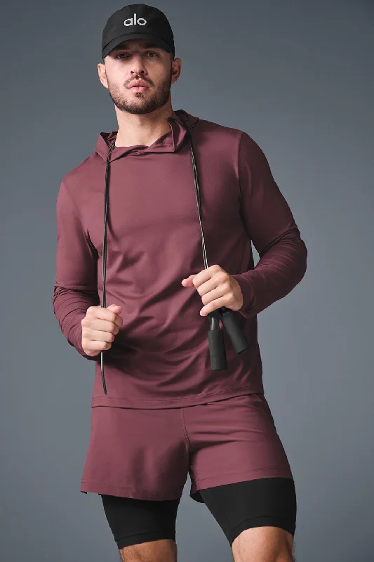 Plus Size Men's Striped Chambray Casual Shirts with a Spread Collar for a Preppy AppearanceConquer Reform Long Sleeve With Hood - Burgundy Truffle