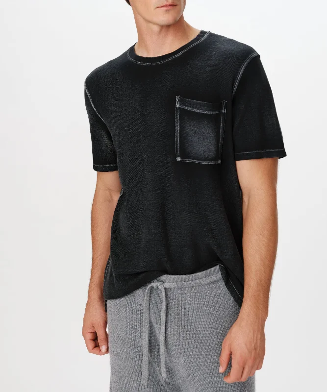 Men's Two - Tone Contrast Panel Casual Shirts in White and Navy for a Stylish and Eye - Catching DesignPique with Wash Short Sleeve Tee - Black