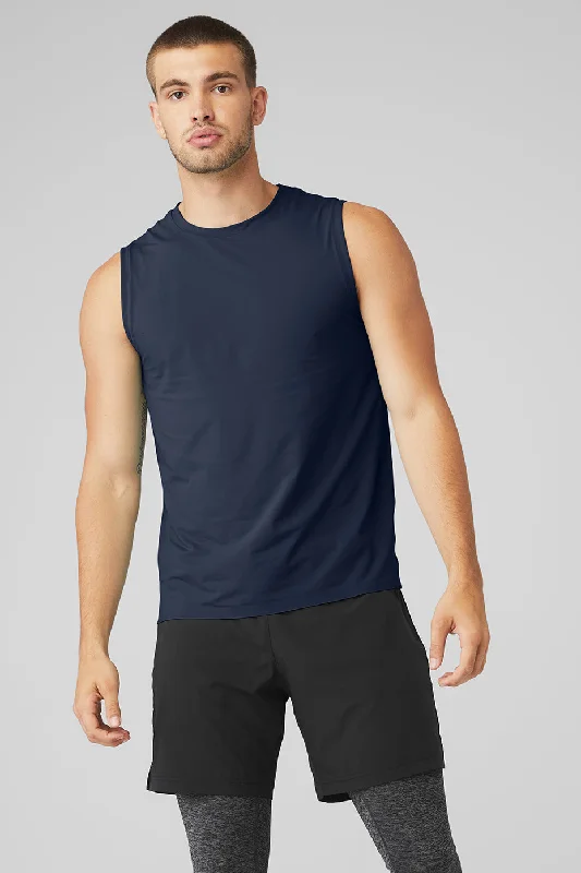 Men's Linen Blend Casual Shirts with Roll - Up Sleeves for a Summer Beach LookIdol Performance Tank - Navy