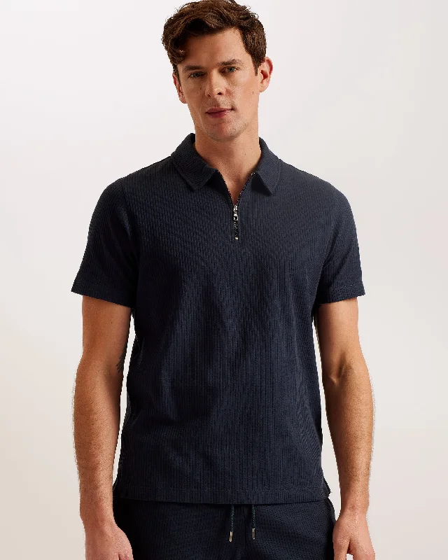 Men's two - tone stripe polo shirts with a preppy styleZarkes Short Sleeve Ribbed Zip Polo Shirt Navy