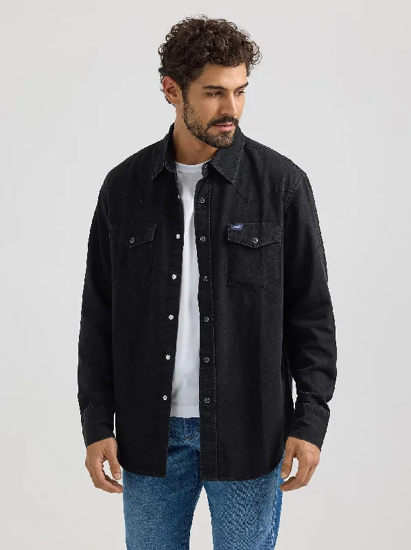 Men's Long - Line Oversized Casual Shirts in Dark Gray for a Relaxed and Modern LookWrangler Men's Denim Snap-Front Long Sleeve Work Shirt