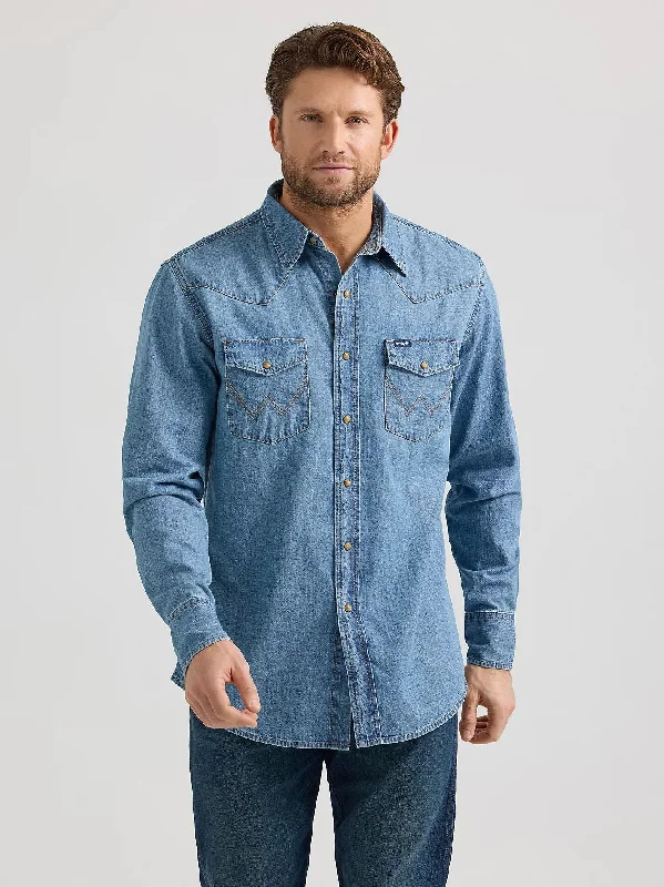 Plus Size Men's Plaid Flannel Casual Shirts in Earth Tones for a Cozy Fall OutfitWrangler Men's Denim Chest Pocket Snap-Front Long Sleeve Work Shirt