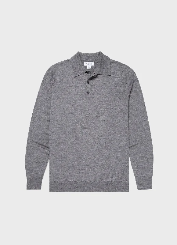 Men's breathable cotton blend polo shirts for summer outingsMen's Extra-Fine Merino Polo Shirt in Mid Grey Melange