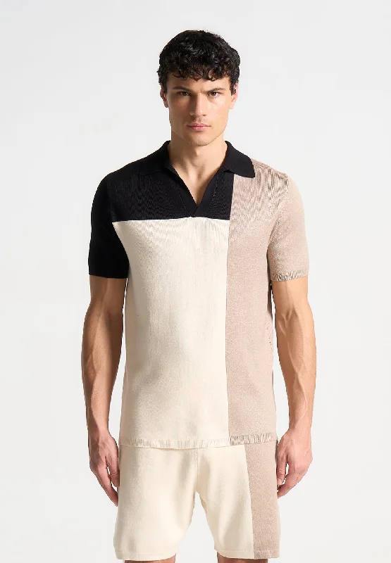 Men's button - down spread collar polo shirts for business casualColour Block Knit Revere Polo Top - Black/Beige