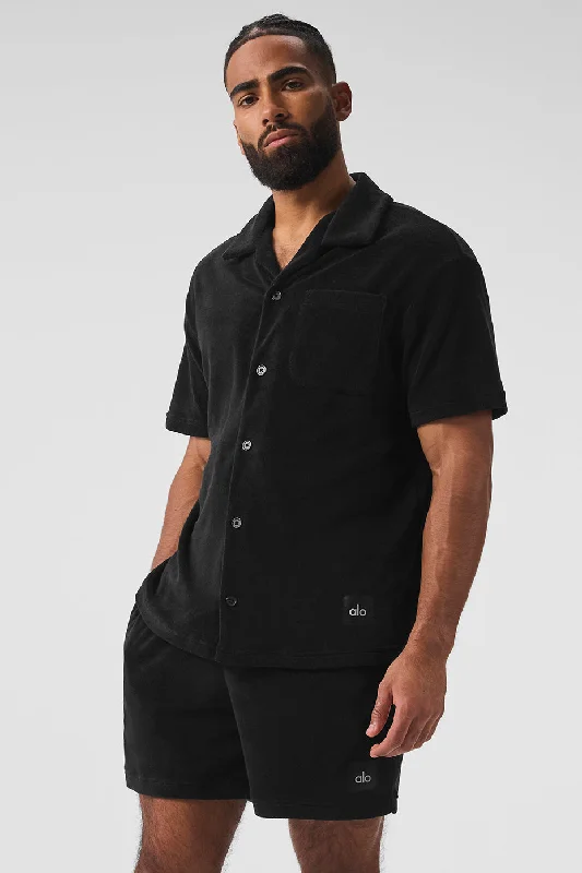 Plus Size Men's Striped Chambray Casual Shirts with a Spread Collar for a Preppy AppearanceCoastal Terry Button Up - Black