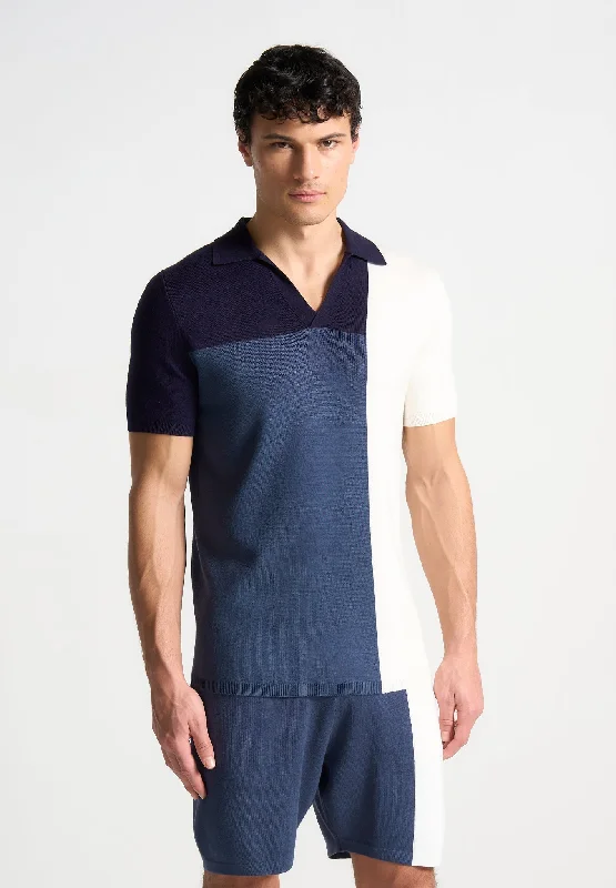 Men's quick - dry polo shirts for water sports activitiesColour Block Knit Revere Polo Top - Navy/Steel Blue