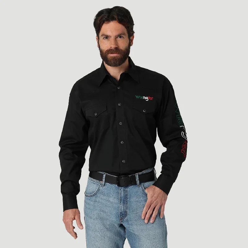 Men's Long - Line Oversized Casual Shirts in Dark Gray for a Relaxed and Modern LookWrangler® Men's Western Mexico Logo Snap-Front Long Sleeve Work Shirt