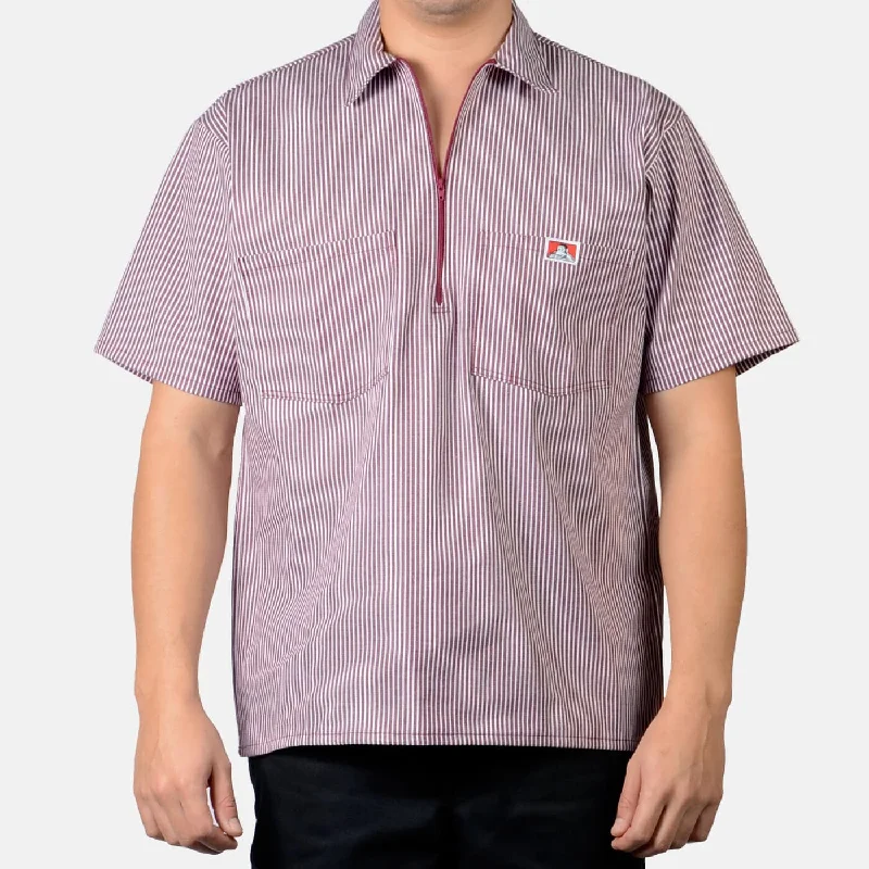 Men's Moisture - Wicking Performance Fabric Casual Shirts for Outdoor ActivitiesBen Davis Men's Half-Zip Striped Short Sleeve Work Shirt_Burgundy