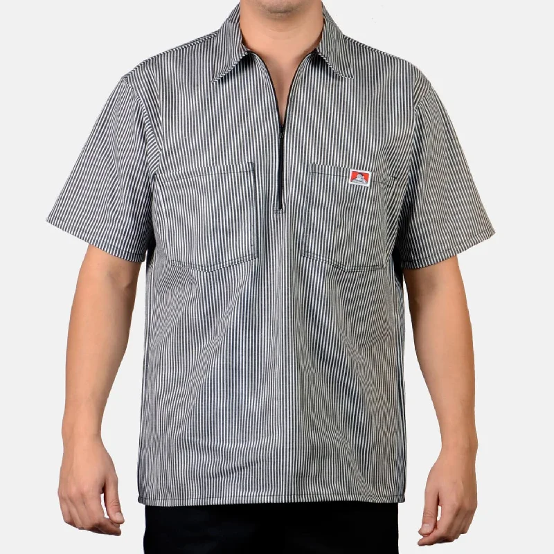Men's Two - Tone Contrast Panel Casual Shirts in White and Navy for a Stylish and Eye - Catching DesignBen Davis Men's Half-Zip Striped Short Sleeve Work Shirt