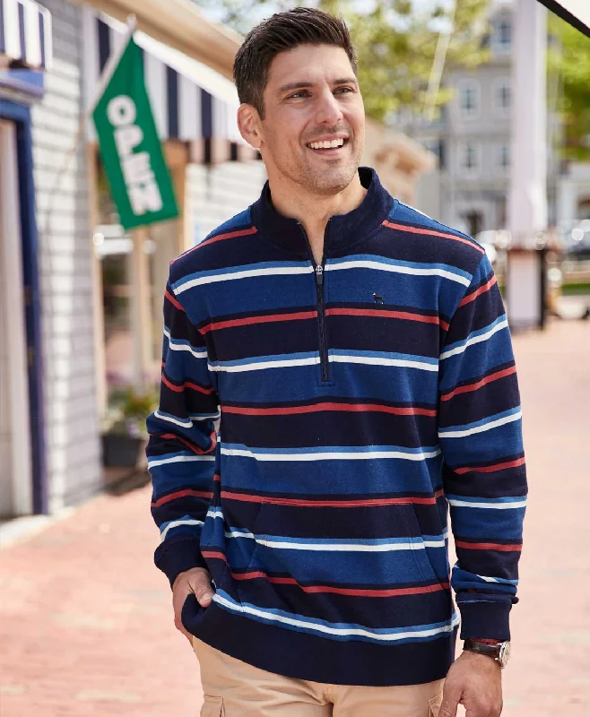 Men's Linen Blend Casual Shirts with Roll - Up Sleeves for a Summer Beach LookMen's Indigo Stripe 1/2 Zip