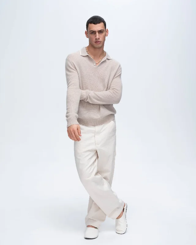 Men's formal - style silk blend polo shirts for special occasionsCashmere Long Sleeve Polo Sweater with Tipping - Soft Beige-Chalk