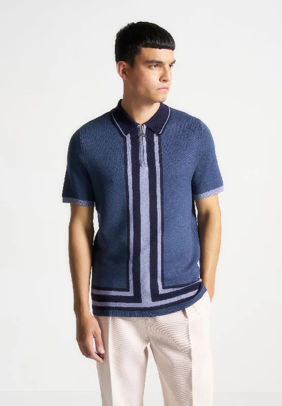 Men's formal - style silk blend polo shirts for special occasionsContrast Border Knit Zip Polo Shirt - Blue