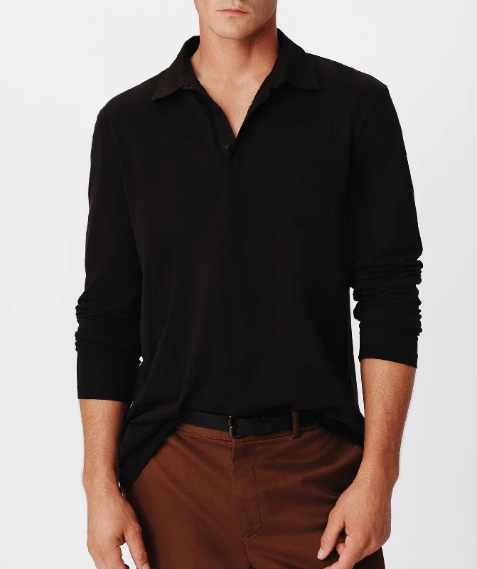 Plus Size Men's Striped Chambray Casual Shirts with a Spread Collar for a Preppy AppearanceHeavyweight Jersey Seamed Long Sleeve Polo - Black