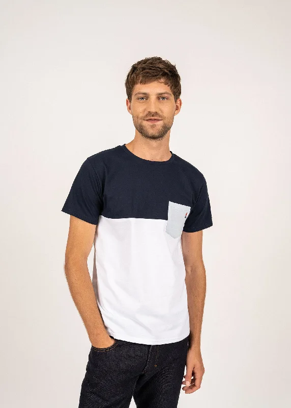 Men's breathable cotton blend polo shirts for summer outingsCYRIAC - Tricolor T-Shirt by Maison FT | 100% Cotton (WHITE / NAVY / LIGHT BLUE)