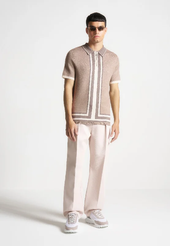 Men's plus size golf polo shirts in moisture wicking fabricContrast Border Knit Zip Polo Shirt - Taupe