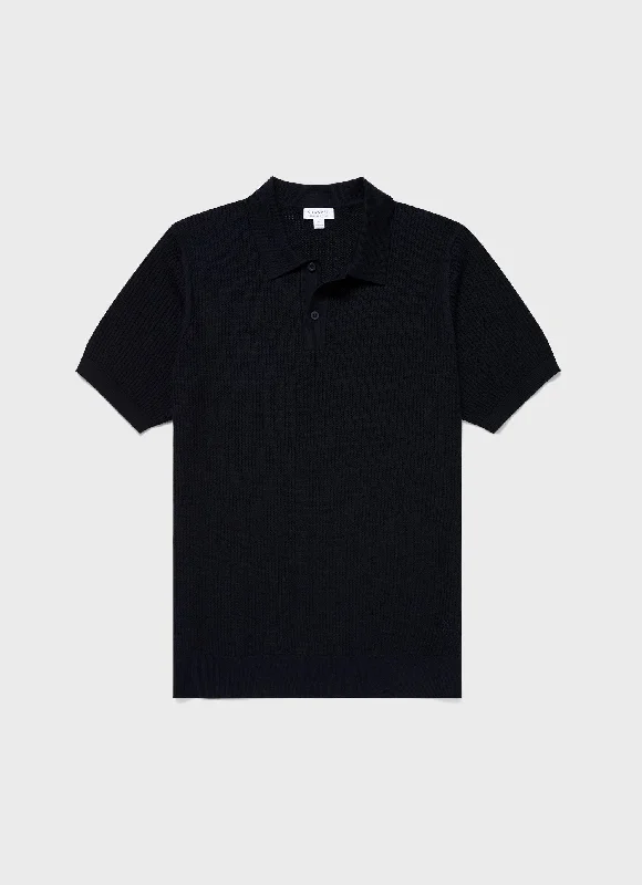 Men's luxury cashmere blend polo shirts in solid colorsMen's Linear Mesh Knit Polo Shirt in Navy