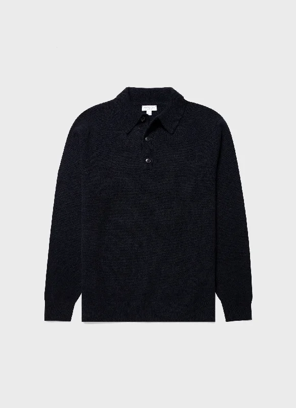 Men's high - collar polo shirts with a modern twistMen's Lambswool Polo Shirt in Dark Navy Mouline