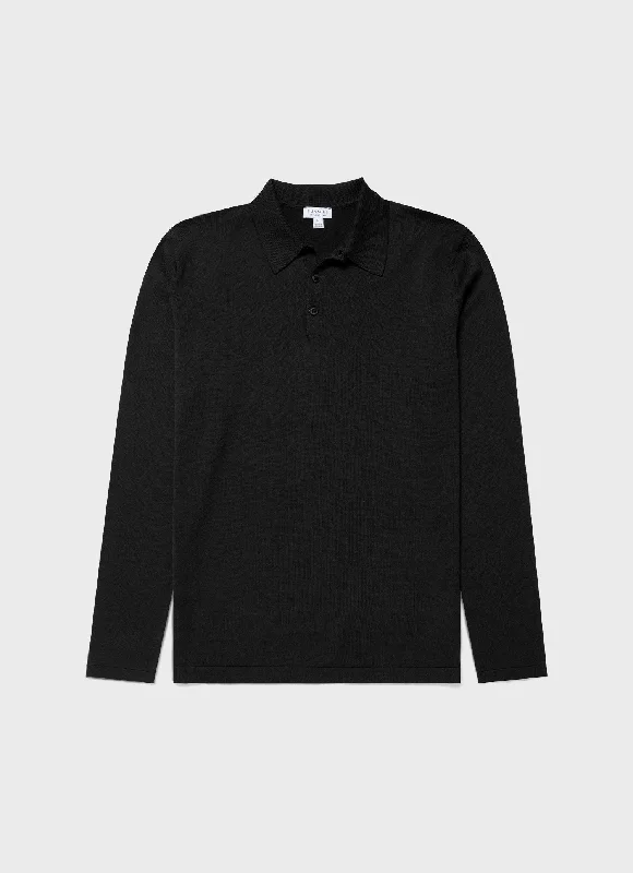 Men's two - tone stripe polo shirts with a preppy styleMen's Sea Island Cotton Long Sleeve Polo Shirt in Black