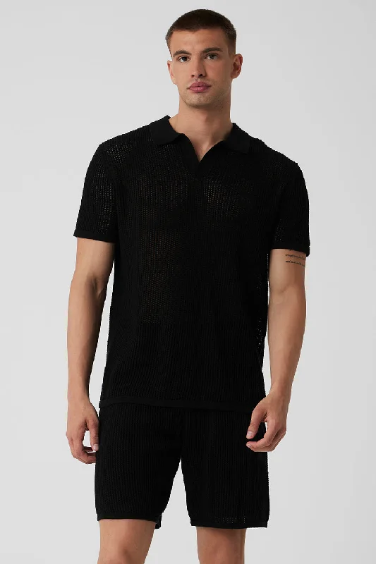 Men's Stretch - Fabric Casual Shirts in Navy Blue for a Comfortable and Flexible FitOpen-Knit Polo - Black