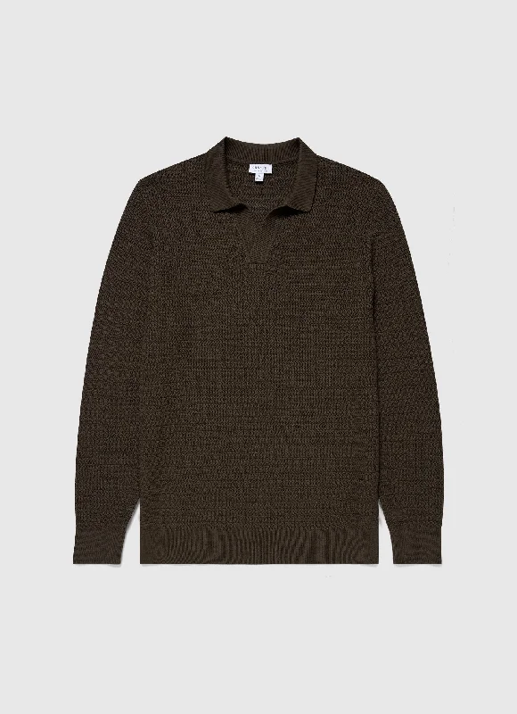 Men's color - block polo shirts with a bold fashion statementMen's Long Sleeve Textured Cotton Polo Shirt in Khaki