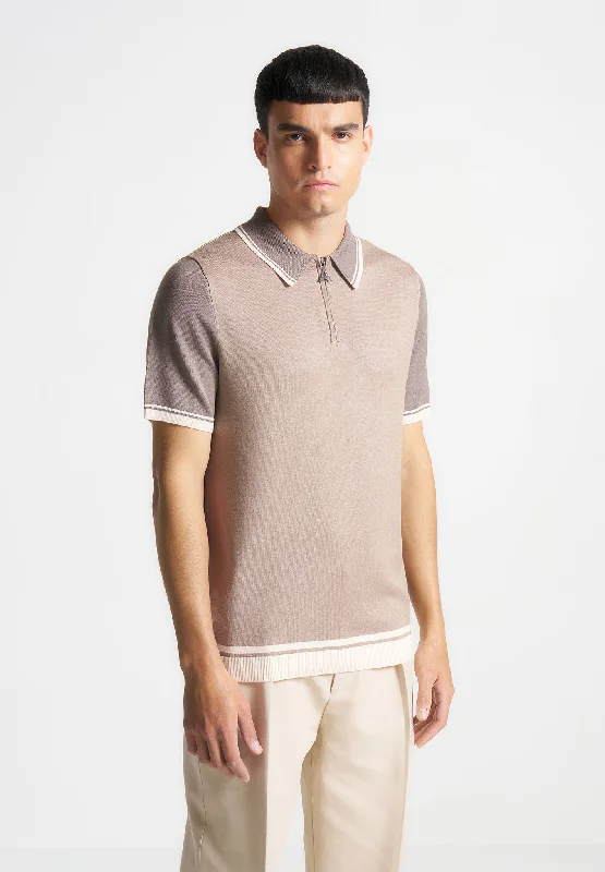 Men's slim fit short sleeve polo shirts with contrast collarsColour Block Zip Polo Shirt - Taupe