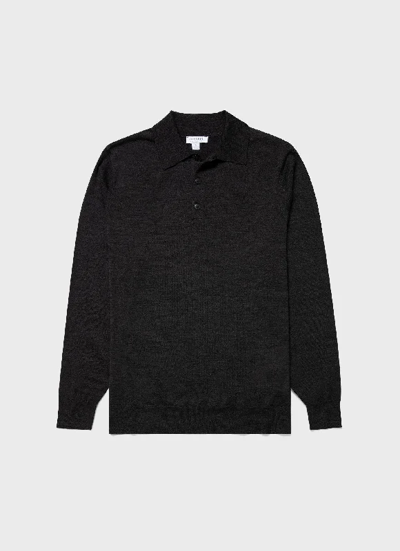 Men's button - down spread collar polo shirts for business casualMen's Extra-Fine Merino Polo Shirt in Charcoal Melange