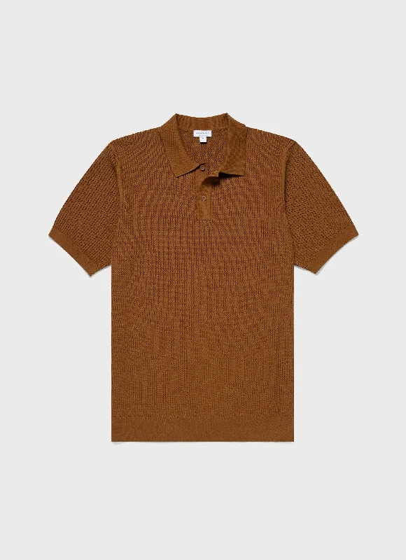 Men's budget - friendly basic polo shirts in multiple colorsMen's Linear Mesh Knit Polo Shirt in Golden Brown
