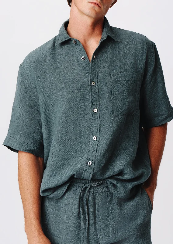 Men's Distressed Denim Casual Shirts with Frayed Edges for a Trendy and Rugged LookLinen with Wash Camp Shirt - Slate