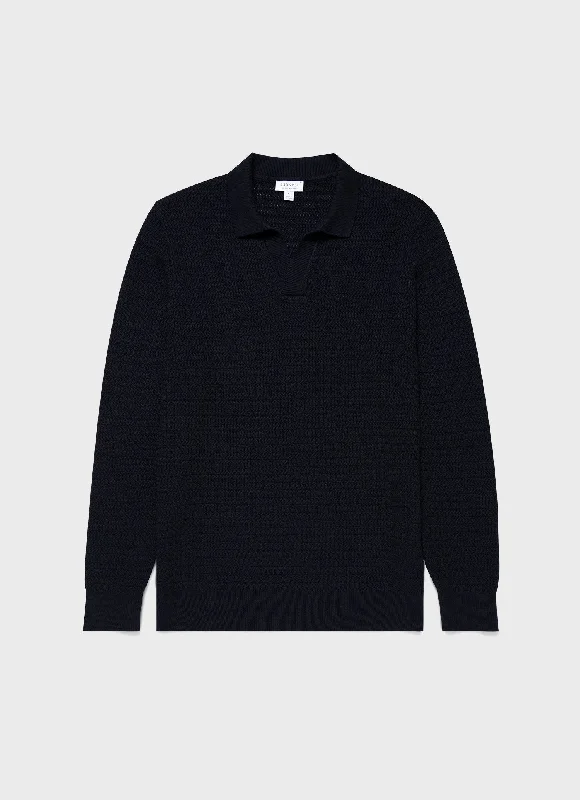 Men's formal - style silk blend polo shirts for special occasionsMen's Long Sleeve Textured Cotton Polo Shirt in Navy