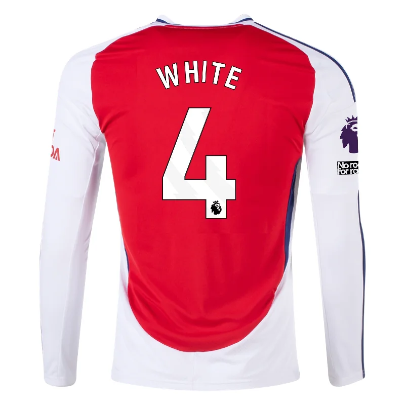 Men's Football Jerseys with Embroidered Club Badges for a Premium and Authentic Appealadidas Arsenal Ben White Home Long Sleeve Jersey w/ EPL + No Room For Racism Patches 24/25 (Better Scarlet/White)
