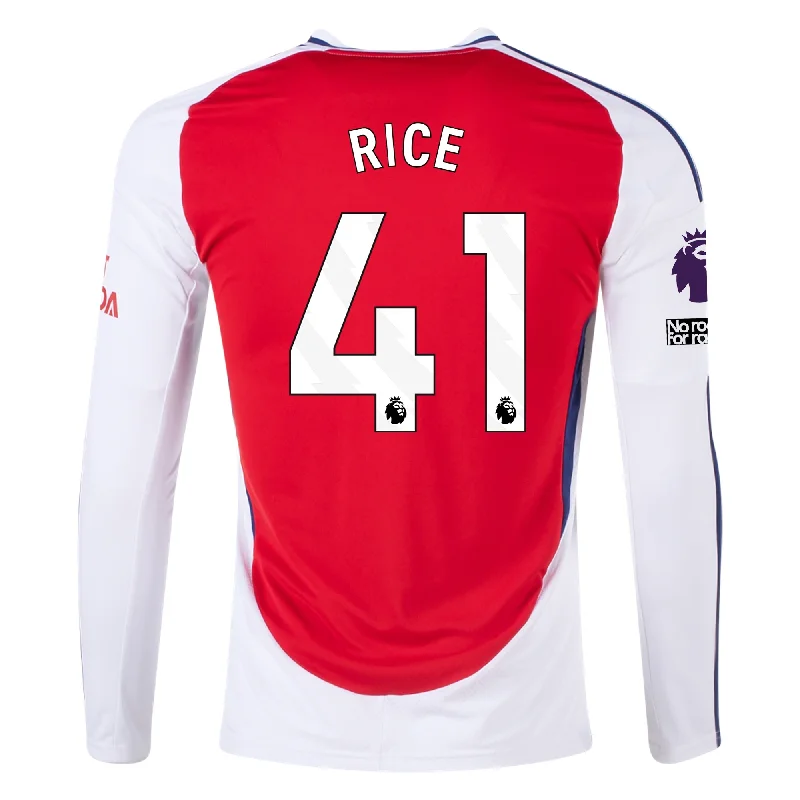 Men's Football Jerseys with Embroidered Club Badges for a Premium and Authentic Appealadidas Arsenal Declan Rice Home Long Sleeve Jersey w/ EPL + No Room For Racism Patches 24/25 (Better Scarlet/White)