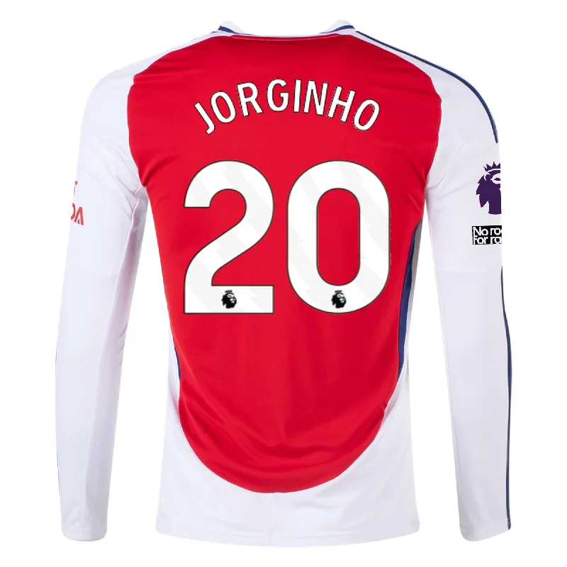 Men's Football Jerseys with Embroidered Club Badges for a Premium and Authentic Appealadidas Arsenal Jorginho Home Long Sleeve Jersey w/ EPL + No Room For Racism Patches 24/25 (Better Scarlet/White)