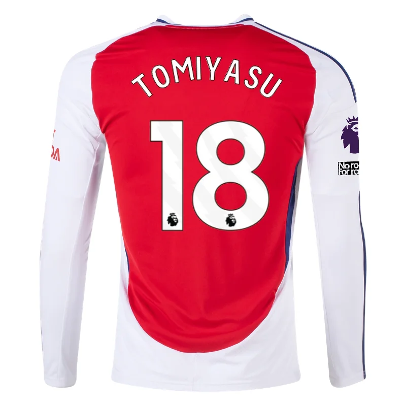 Men's Throwback Tennis Jerseys Inspired by Iconic Matches and Playersadidas Arsenal Takehiro Tomiyasu Home Long Sleeve Jersey w/ EPL + No Room For Racism Patches 24/25 (Better Scarlet/White)