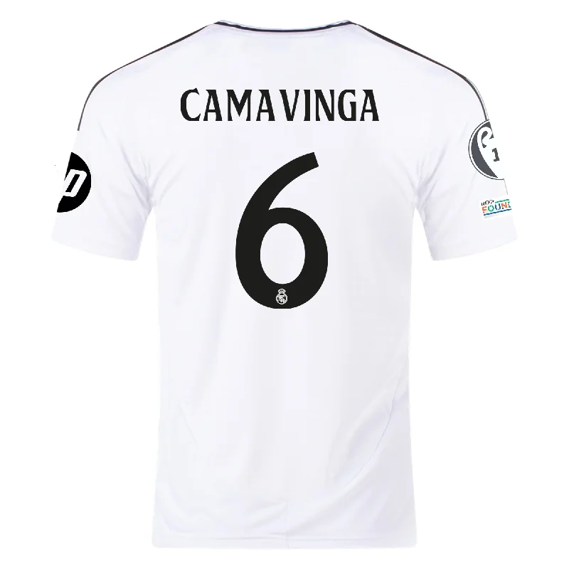 Men's Football Jerseys with Embroidered Club Badges for a Premium and Authentic Appealadidas Real Madrid Eduardo Camavinga Home Jersey 24/25 w/ Champions League Patches (White/Black)
