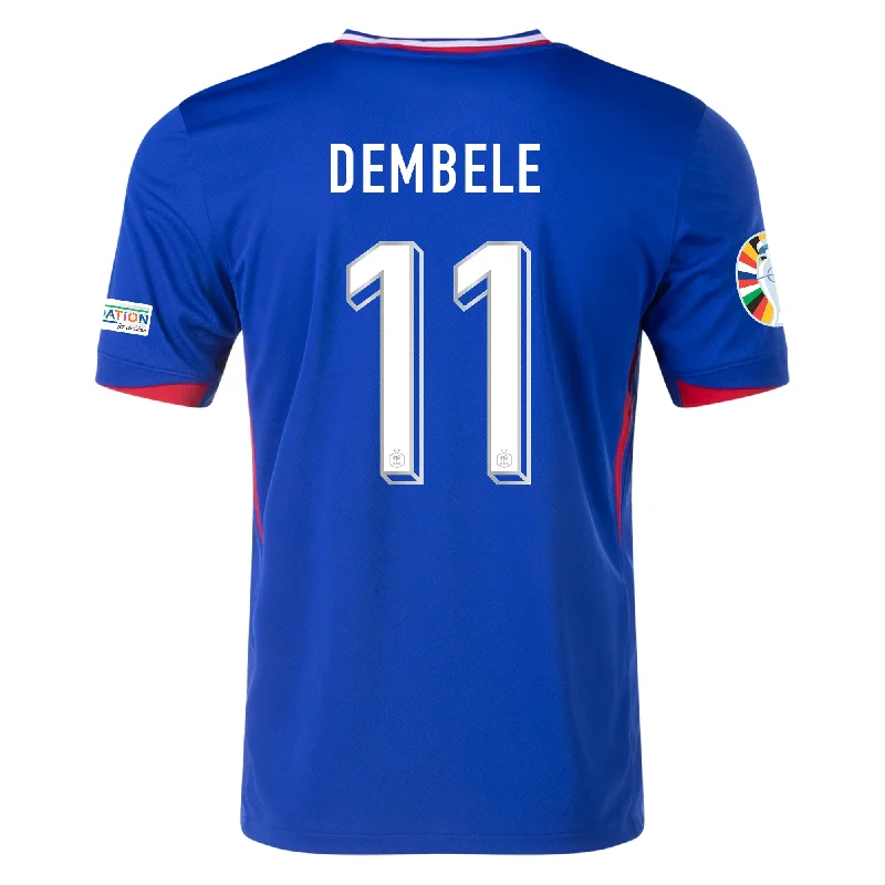 Men's Sustainable Organic Cotton Rugby Jerseys for Eco - Conscious Sports EnthusiastsNike France Ousmane Dembele Home Jersey w/ Euro 2024 Patches 24/25 (Bright Blue/University Red)