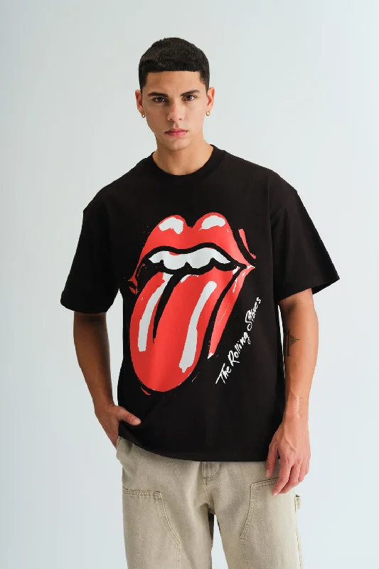 Men's mock - neck t - shirts with a modern and sleek styleBlack Rolling Stones Oversized T-shirt