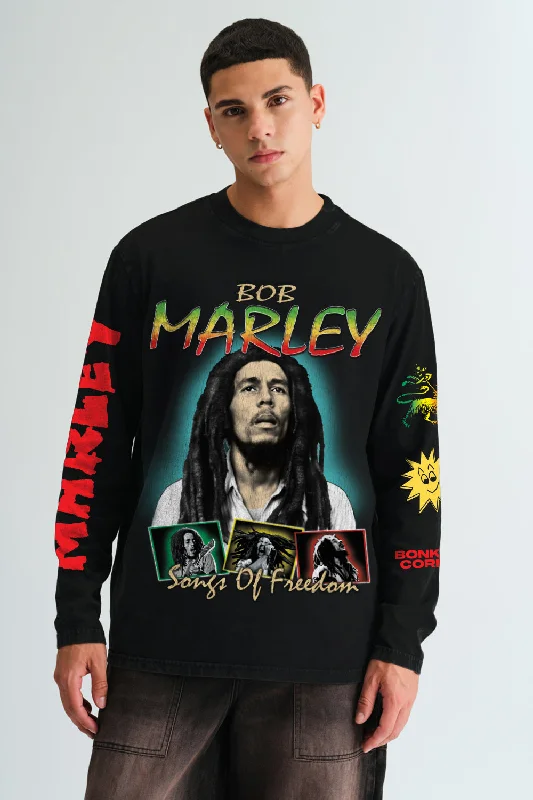 Men's distressed denim - look t - shirts with a rugged appealBob Marley Songs Of Freedom Full Sleeves T-shirt