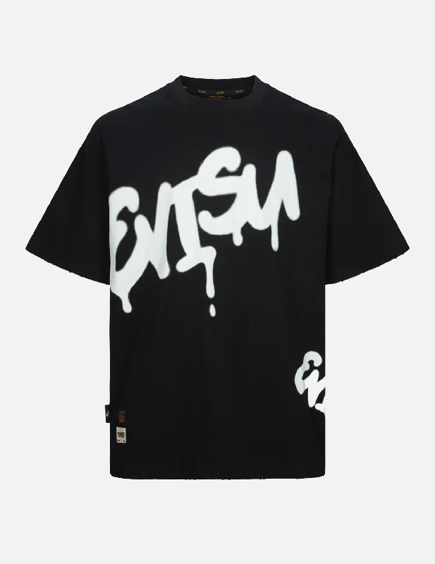 Men's long - sleeve henley t - shirts with button - down placketsGraffiti Logo Print Distressed Loose Fit T-shirt