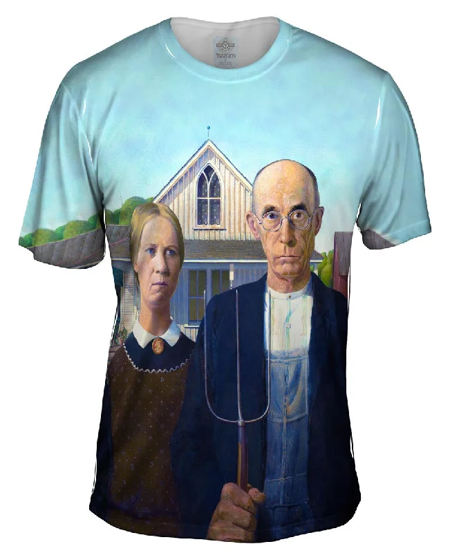 Men's long - sleeve henley t - shirts with button - down placketsGrant Wood - "American Gothic" (1930)