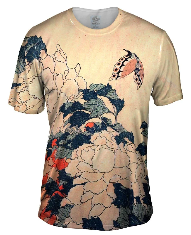 Men's ribbed t - shirts with a textured finish for added styleKatsushika Hokusai - "Peonies with Butterfly"