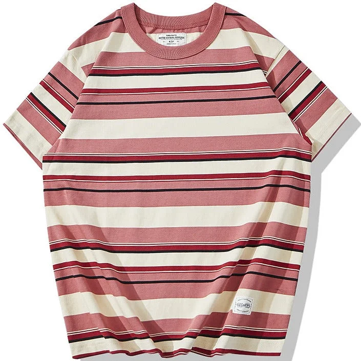 Men's smart - casual checkered t - shirts for semi - formal occasionsMen's casual retro pinstripe thickened Breton Top short-sleeved T-shirt