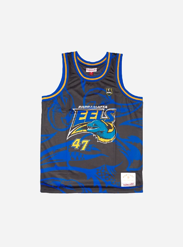 Men's button - front t - shirts with a unique artistic printParramatta Eels x Mitchell & Ness Patterned Basketball Jersey
