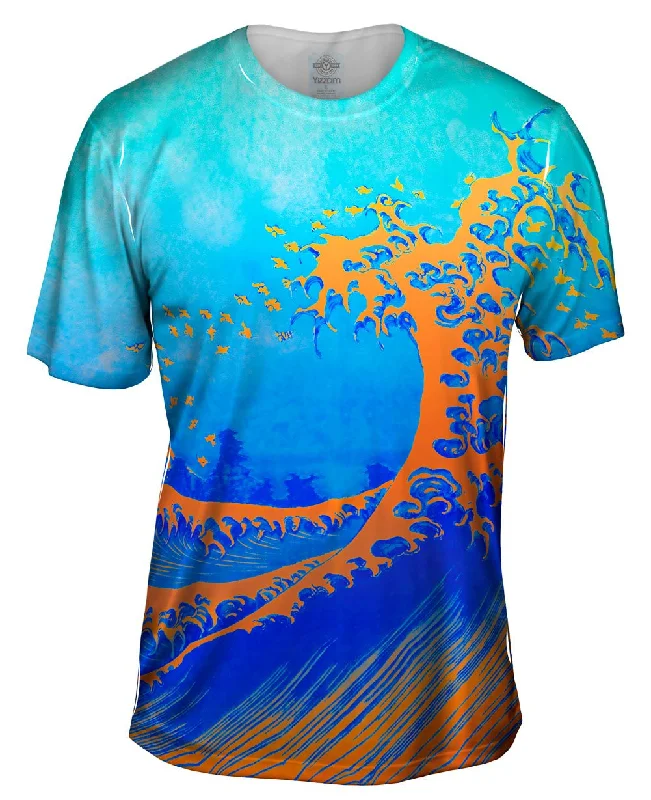Men's short - sleeve linen t - shirts for summer beach outingsPop Art Hokusai - "The Great Wave Orange Blue " (1830)
