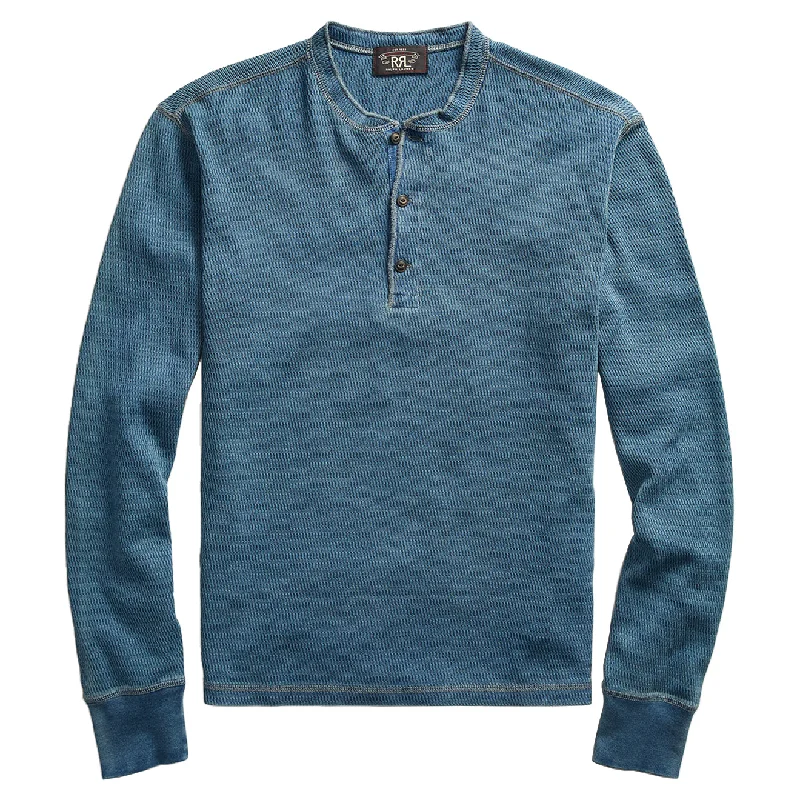 Men's button - front t - shirts with a unique artistic printRRL by Ralph Lauren Waffle Knitted Cotton Henley Washed Blue Indigo