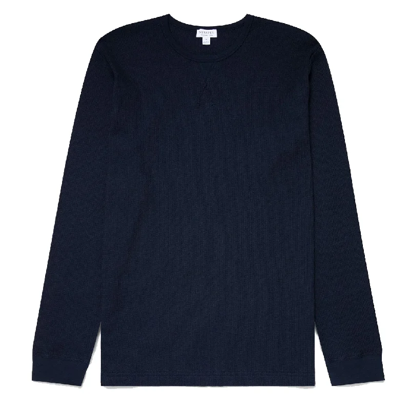 Men's eco - friendly recycled t - shirts for sustainable fashion choicesSunspel Long Sleeve Waffle T-shirt Navy
