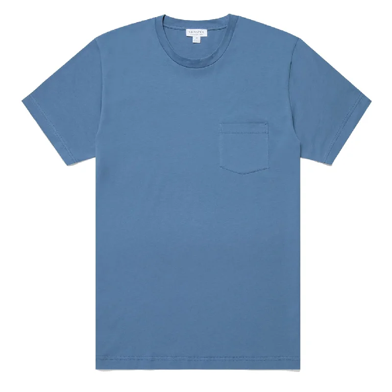 Men's long - sleeve henley t - shirts with button - down placketsSunspel Riviera Pocket Crew Neck T-Shirt Bluestone