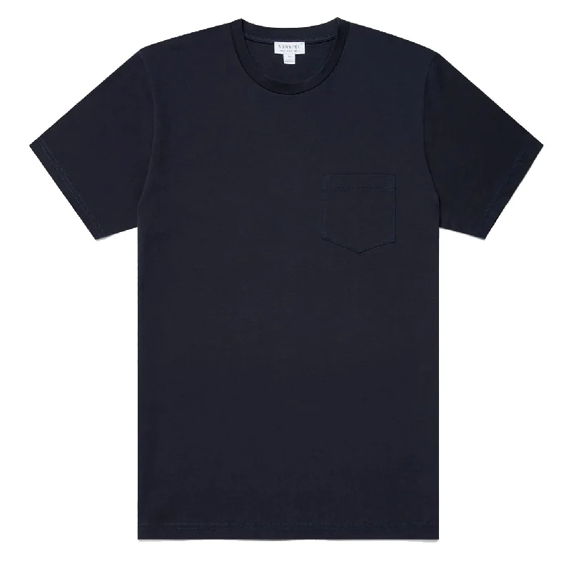 Men's slim - fit graphic t - shirts with vintage rock band printsSunspel Riviera Pocket Crew Neck T-Shirt Navy