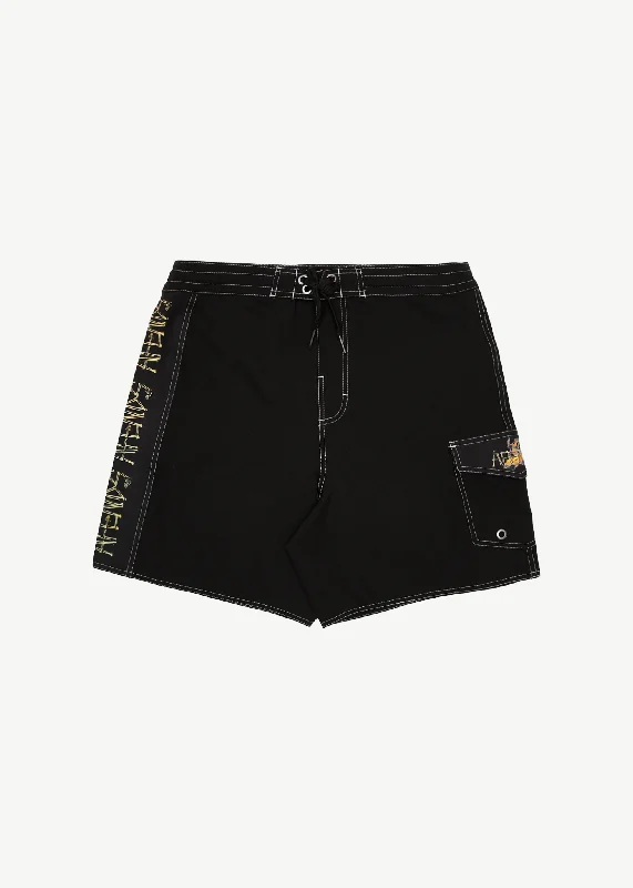 Men's drawstring casual linen shorts for a laid - back summer look AFENDS Mens Crashed Out - Surf Related Boardshorts 18 Inch - Black